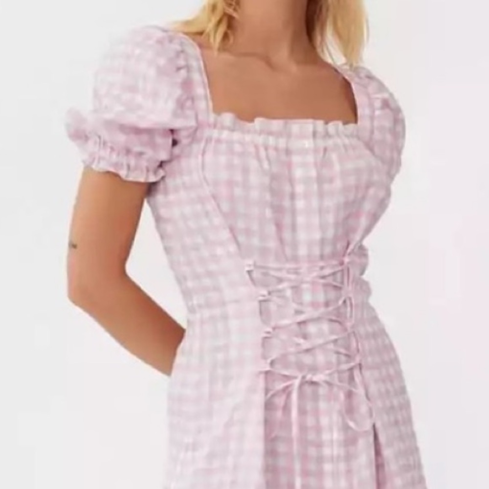 Sleeper Marquise Midi Dress Linen Pink Vichy Pink White Gingham Lace Up Medium - Picture 2 of 9